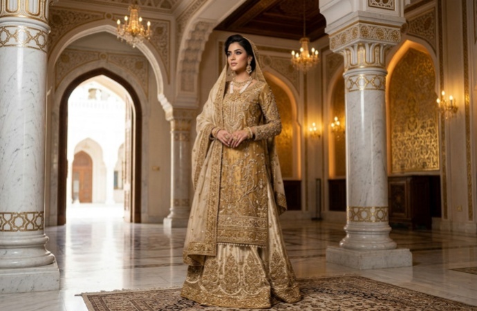 Gemini Eid Fashion Prompt 08 Luxury Gold Embroidered Outfit