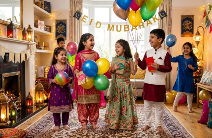 Gemini Eid Kids Prompt 04 Happy Children Eidi Balloons