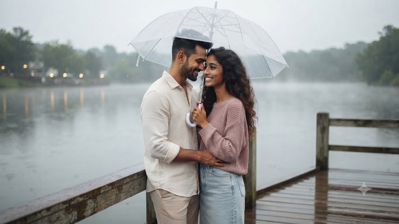 lakeside umbrella couple