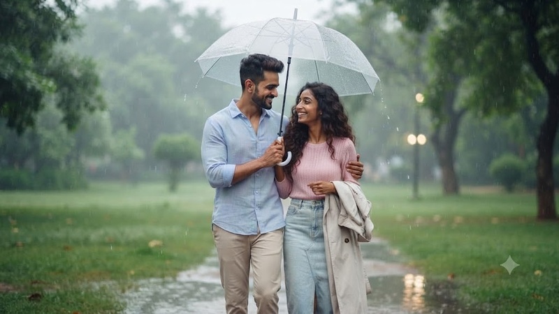 romantic park couple in rain