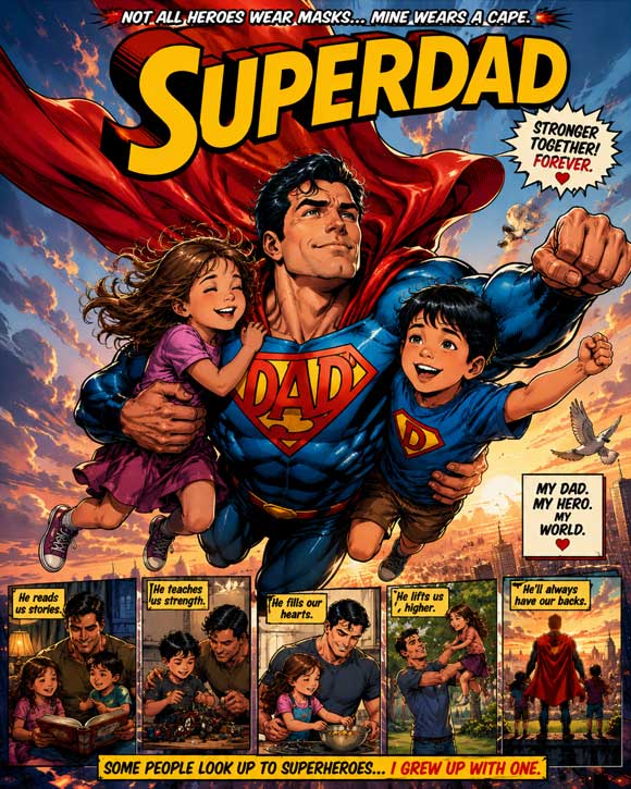 superhero dad comic book style