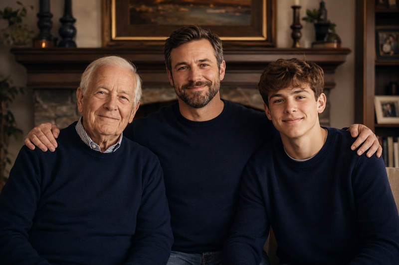 Three Generation Family Portrait Fireplace Ai Photo Prompt