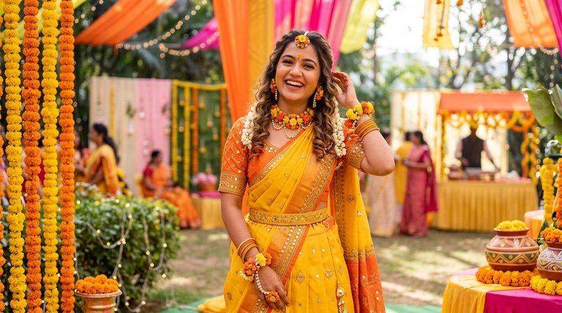 yellow haldi celebration half saree