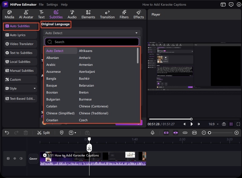Edimakor Add Karaoke Captions Detect Languages