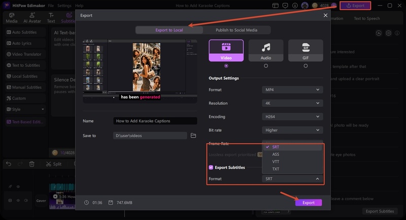 Edimakor Add Karaoke Captions Export and Share