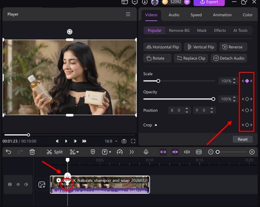 Adding a keyframe in the clip