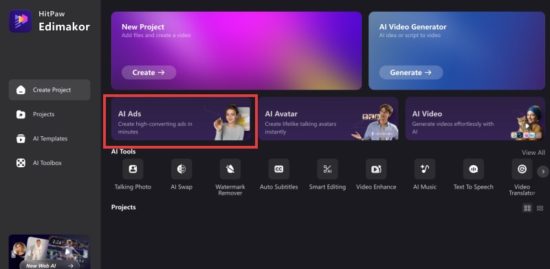 AI Ads option on the Edimakor home screen