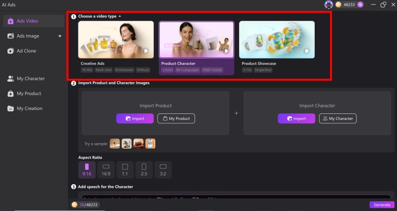 Choose the ad video type options from Edimakor