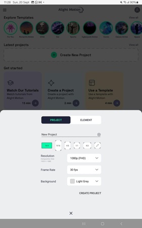Creating a new project on Alight Motion