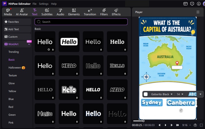 Adding animated captions and multiple-choice options to the quiz video layout in Edimakor.