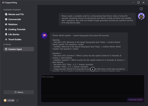Generating an educational quiz script and image prompts in Edimakor using the AI Copywriting tool.