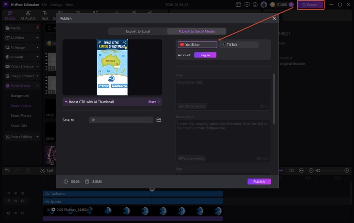 Previewing and exporting the finished educational quiz Short in 9:16 aspect ratio.