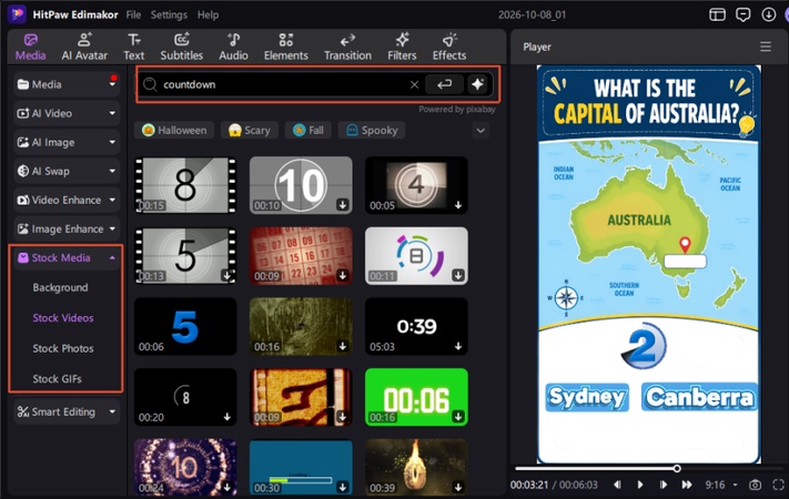 Inserting a countdown timer overlay element to build suspense before showing quiz answers.