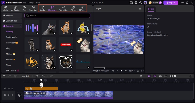 Editing animal clips on the Edimakor timeline to create a custom Cat TV video