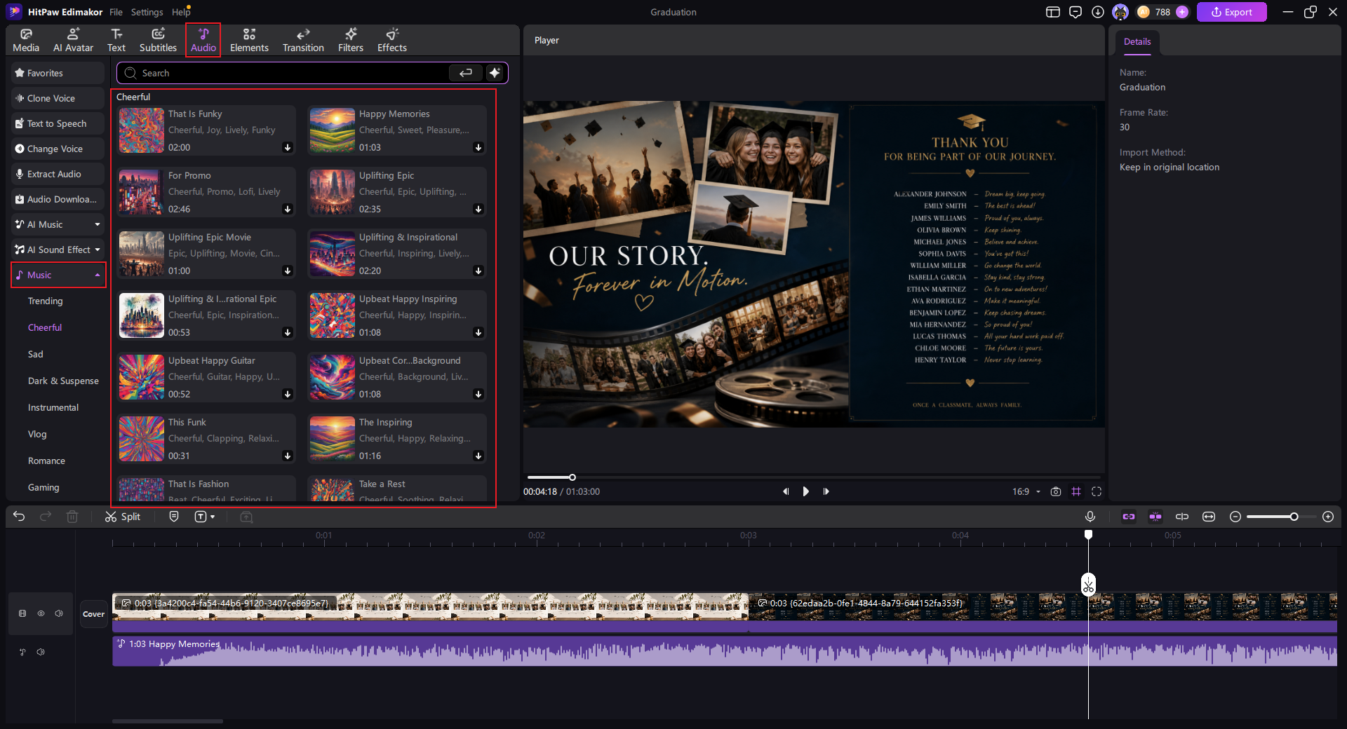 HitPaw Edimakor music library showing royalty-free BGM searchable by tags