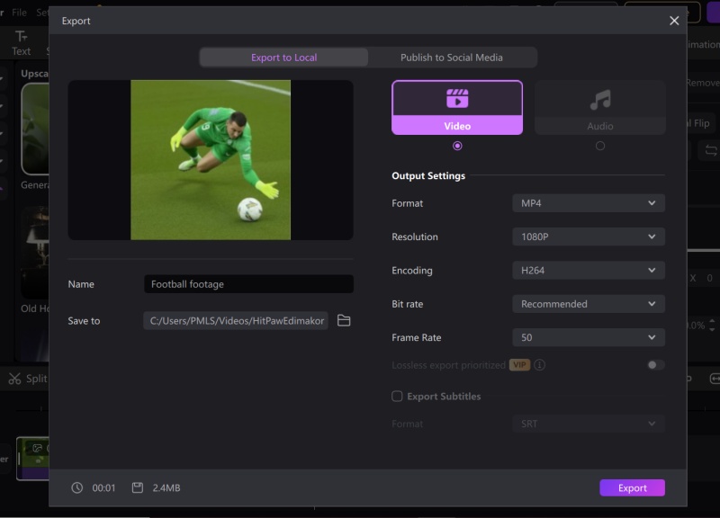 Export the Upscaled Soccer Match Recording Video