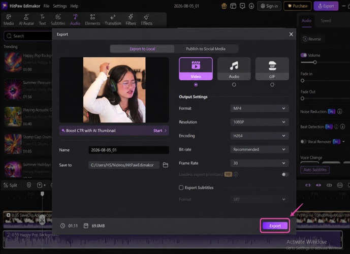 Exporting a Boomerang video from HitPaw Edimakor