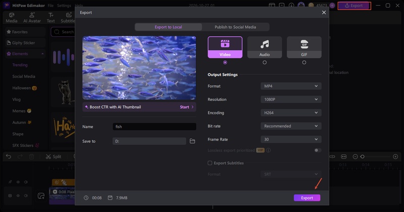 Exporting a finished Cat TV video from Edimakor for cats to watch