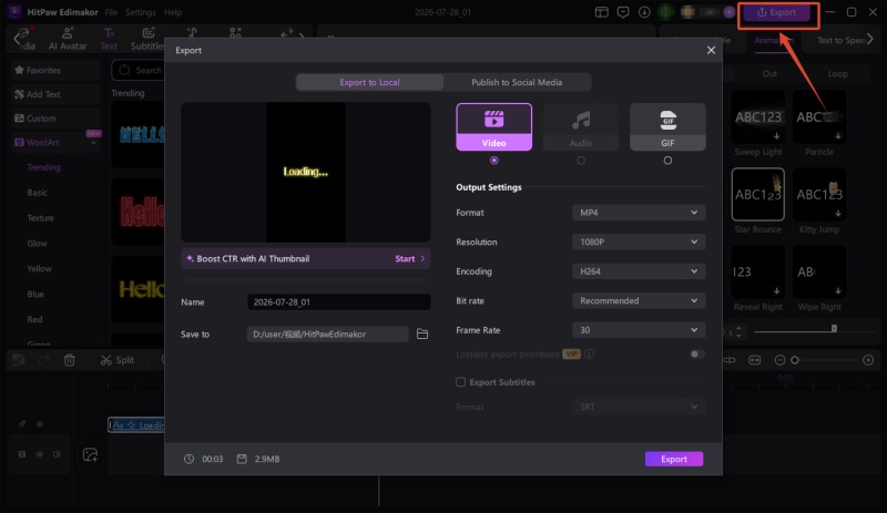 exporting loading text animation
