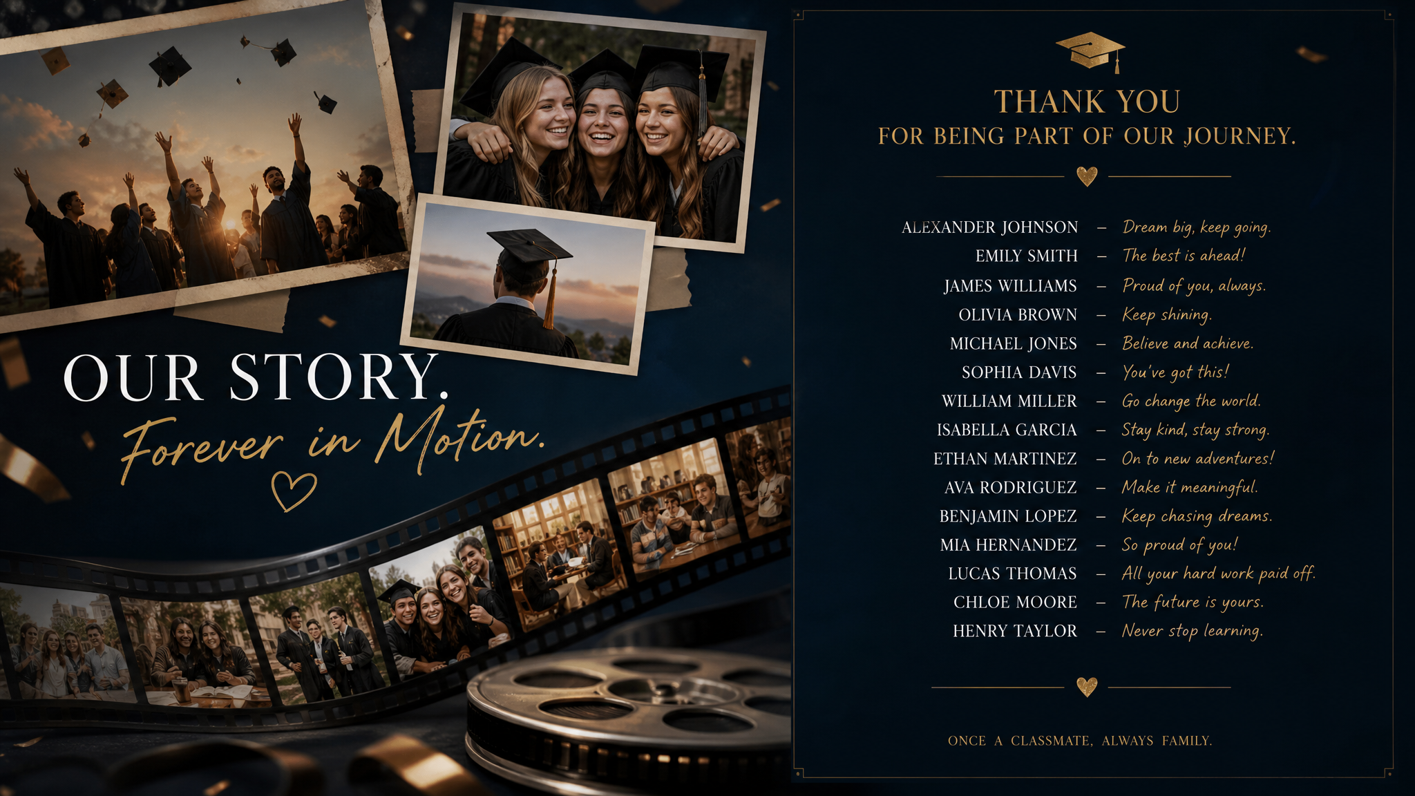 Graduation video end credits with names and messages scrolling on screen