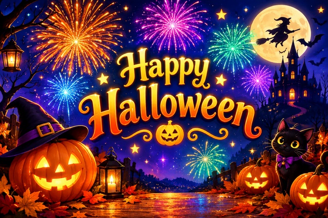 ハッピーハロウィンと花火のGIF