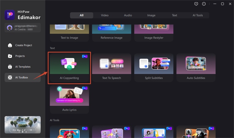 open hitpaw edimakor and select ai copywriting