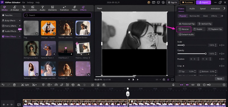 Reversing video in HitPaw Edimakor to create a Boomerang effect
