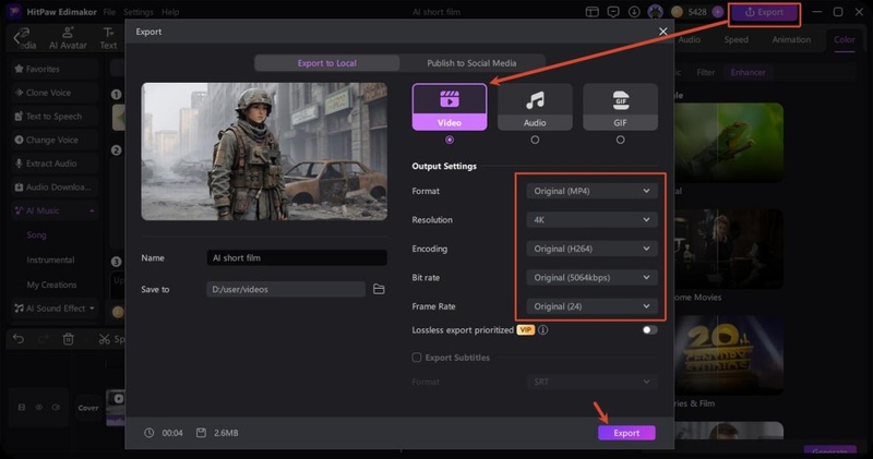 step 5 ai short film export