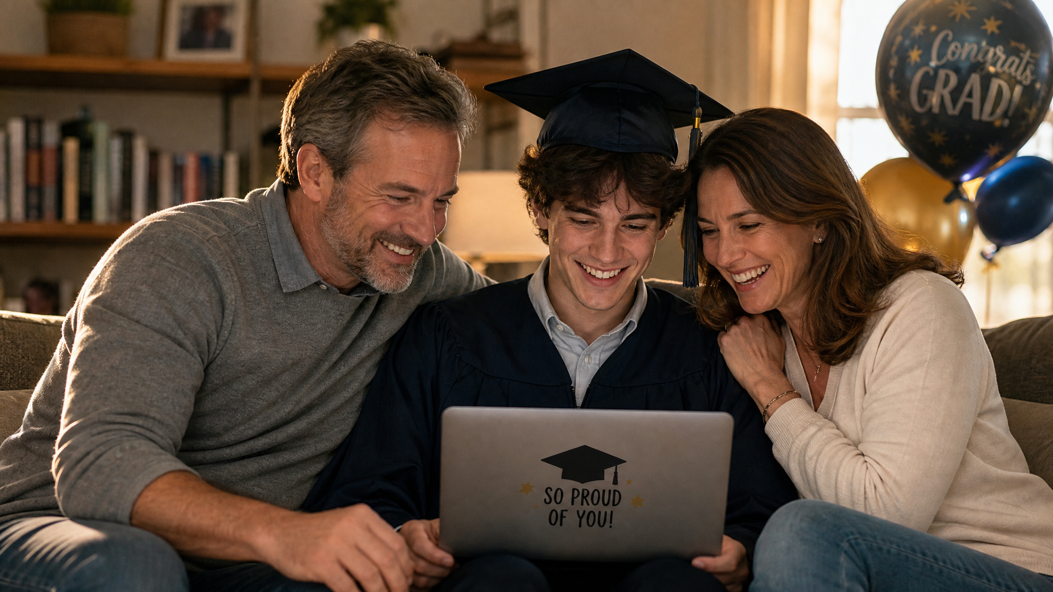 Parents recording graduation messages at home