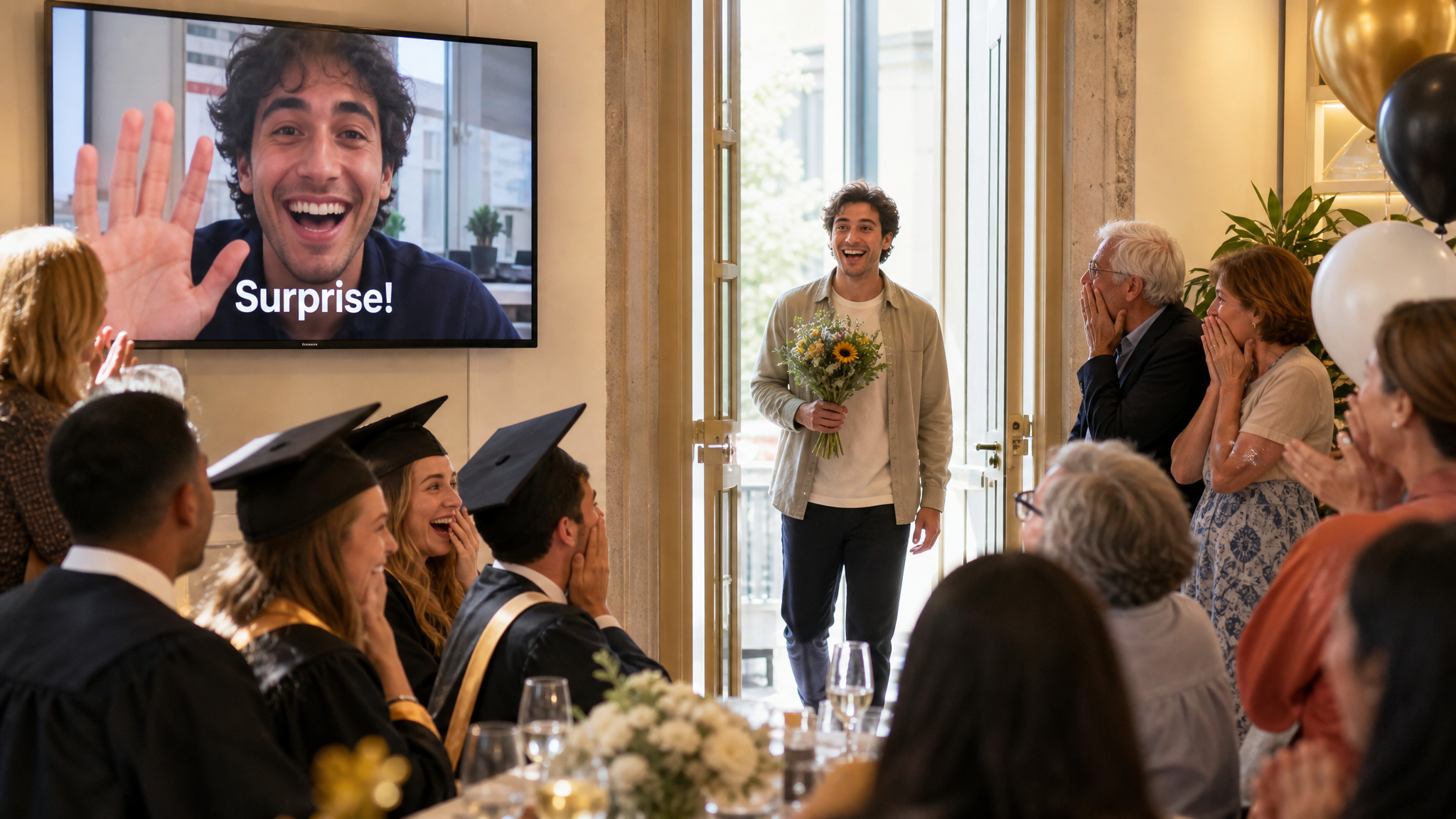 Person making a surprise entrance synchronized with a video message