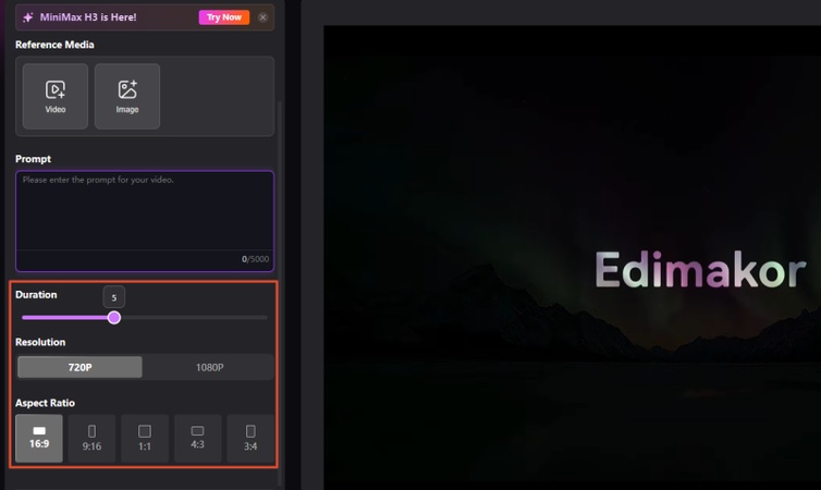 adjust duration, resolution, and aspect ratio on edimakor