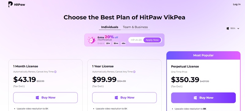hitpaw vikpea ai video enhancer pricing