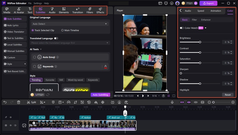 Add subtitles, color grading, and film effects