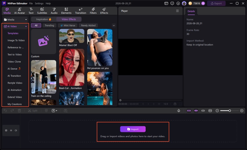 Importing a new project or create a new video