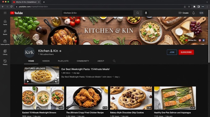 established food and cooking YouTube channel homepage