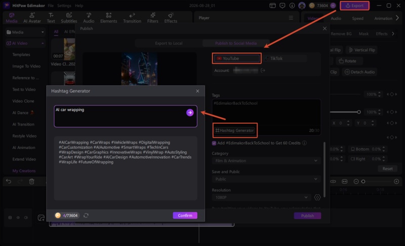 Export Video and Generate Hashtags