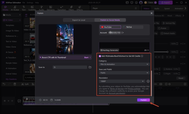 Publishing a finished video directly to YouTube from Edimakor