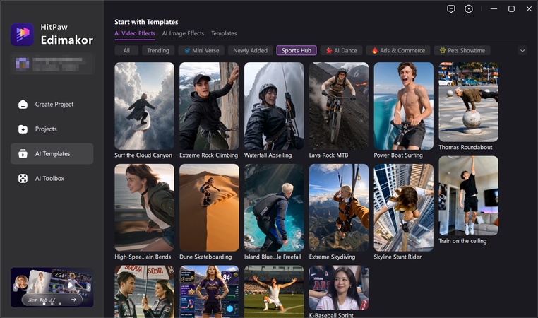 Edimakor AI Templates page showing an AI skate video template for making AI skateboarding videos.