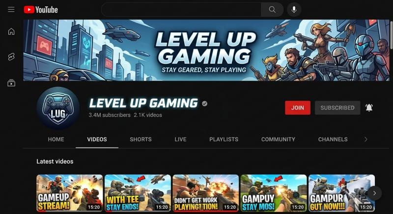 The channel name shown on an established gaming channel's YouTube page