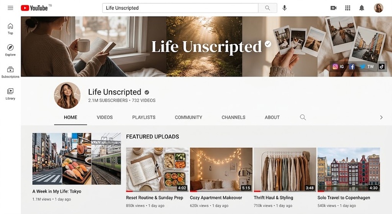 YouTube channel interface for featuring a warm-toned aesthetic lifestyle banner