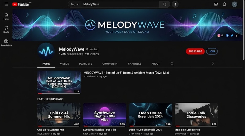 YouTube channel interface for MelodyWave showing a music wave banner