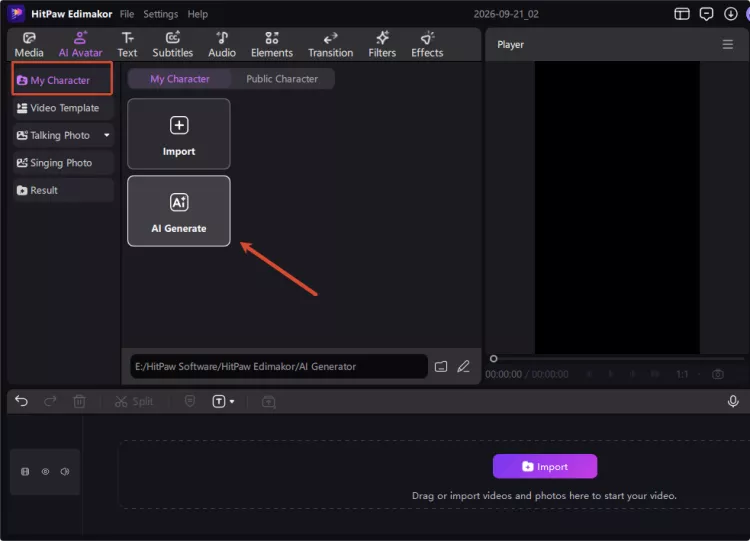 Step 1 - Start creating your AI character in Edimakor