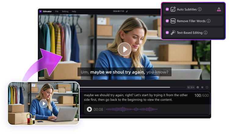 AI subtitle and text-based video editing interface