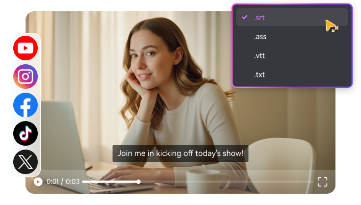 Subtitle export options for SRT, VTT, and video