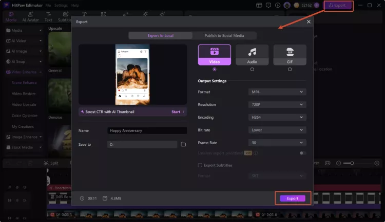 Step 3 - Preview and export your happy anniversary video