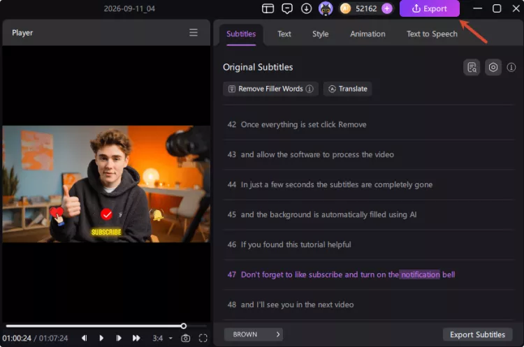 Step 3 - Edit captions and export your finished video
