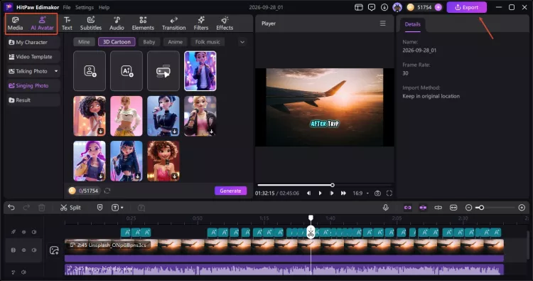 Step 3 - Arrange files in timeline add AI visuals and export your lyric video