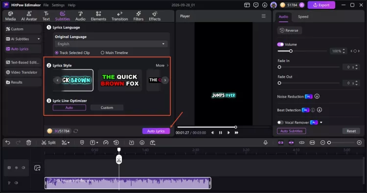 Step 2 - Click Auto Lyrics choose a dynamic style and generate captions