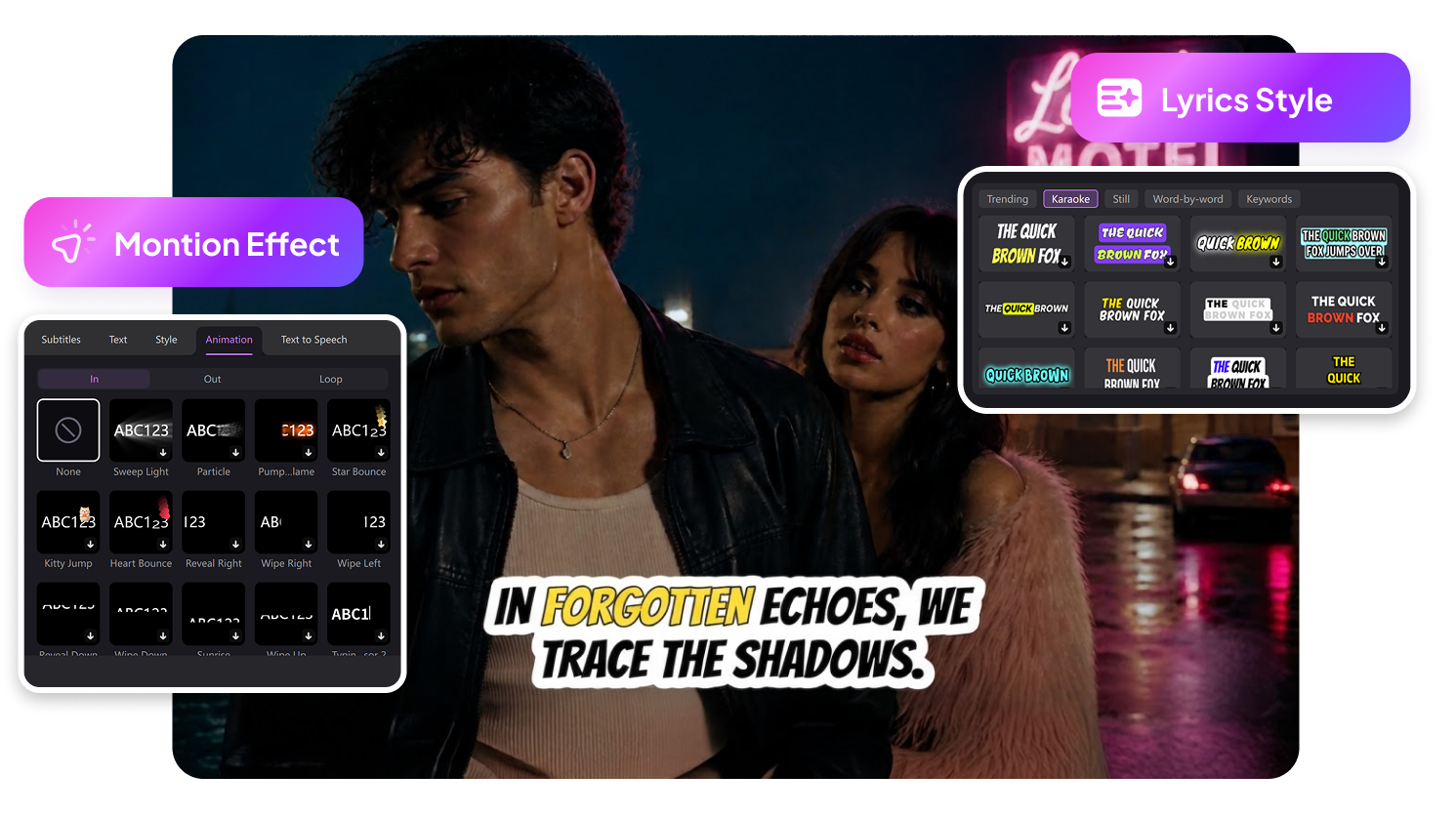 Karaoke style dynamic captions - words highlight one by one with motion effects
