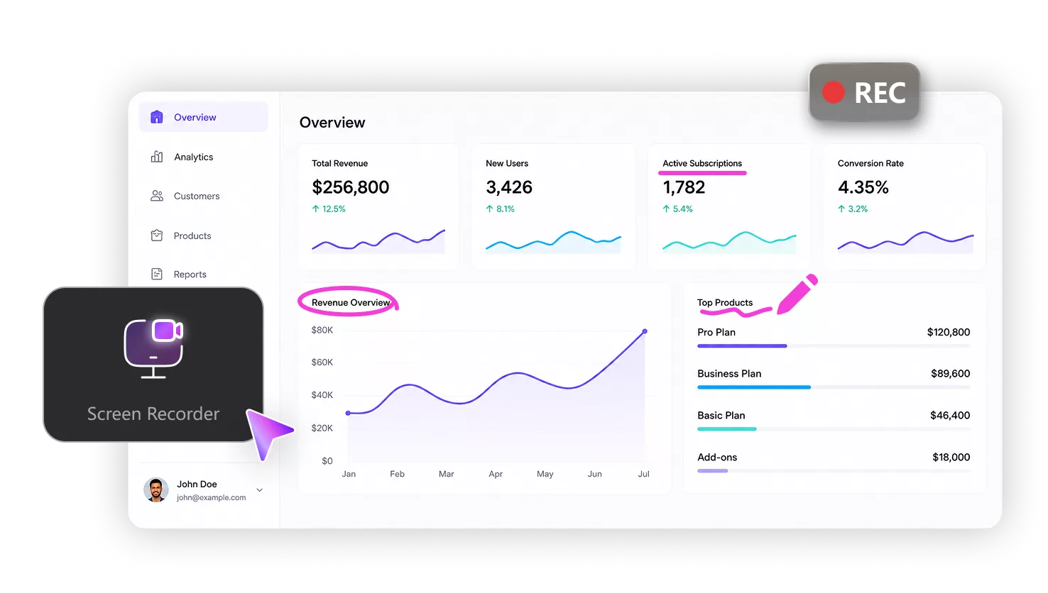 Record high definition screens for SaaS product demos with built-in screen recorder